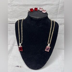 Lot of TWO Costume Jewelry Necklaces and clip on earrings Ruby red and pink
